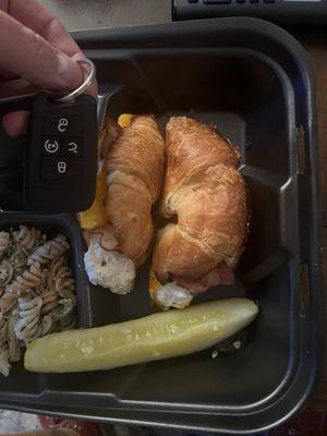 Tiny little croissant sandwich one half was skinnier than the pickle spear. About half the size and weight of my wife's sandwich.