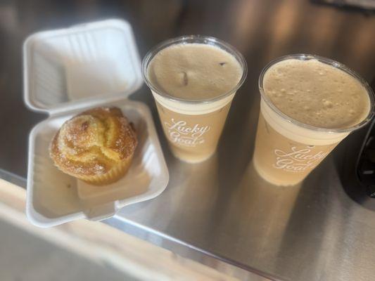 Cold brews and orange muffin which