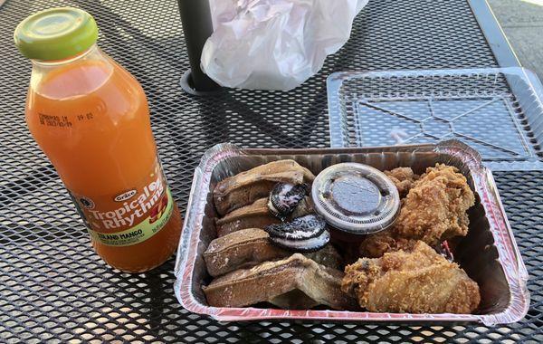 Oreo Crumb Waffle with 4 pieces of fried wings and a mango juice. $16