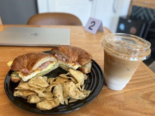 Ham Solo Croissant Sandwich and Iced Latte