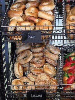 Many bagel flavors to choose from.