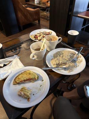Caprese w/turkey, biscuits and gravy, drip coffee, and a speciality latte (honey, cinnamon, and milk)