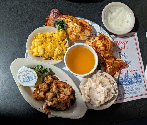 Lobster dinner with shrimp and two sides. Garlic mashed potatoes and Mac and cheese.