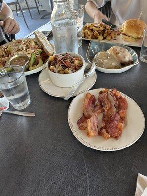 Honey Pecan Salad, Elevated Egg Sandwich, million Dollar Potatoes, Biscuits and Gravy, side of bacon