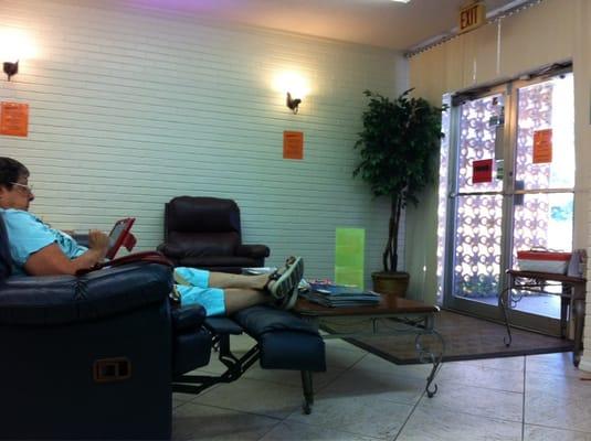 Leather lounge couches in waiting room...umm yes