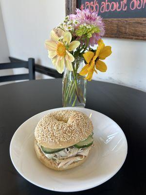 Seasame bagel with Turkey, Poblano cream cheese & Cucumber! YUM!