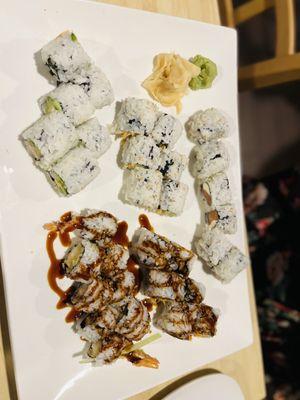 California, Sweet Potato Tempura, Shrimp Tempura Cucumber, Smoked Salmon Cream Cheese, Spicy Crab Salad Cucumber