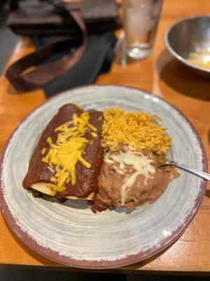 Enchiladas Veracruz, refried beans and Mexican rice