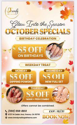 October Specials at Trendy Nails Spa!