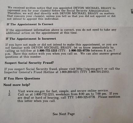 Letter from the Social Security Administration claiming that Devon Michael Brady was representing me.