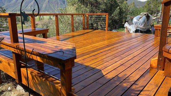 Removed old solid stain and re-stain with Sikkens Premium Deck wood finish Transparent Satin.