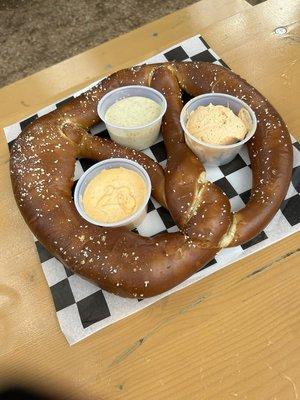 Pretzel: huge warm soft and thick delicious pretzel. Could tell was made and not just a standard frozen one reheated. 5 stars