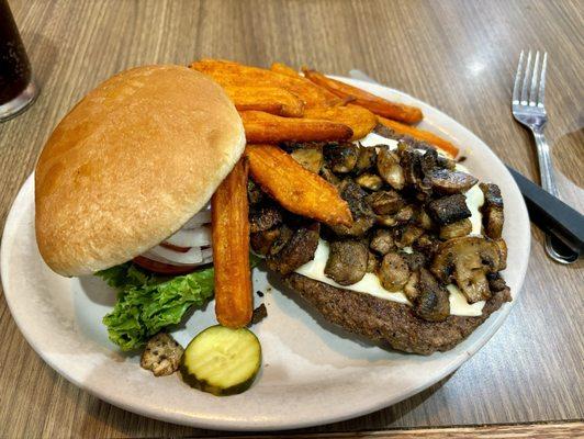 Mushroom Swiss burger w sweet potato fries.