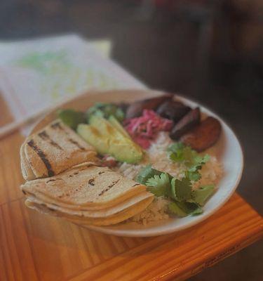 Rice, plantain, avocado and tortillas