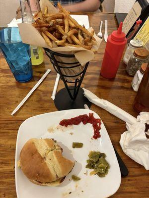 Forgot to take pic right away. Green chille Burger, chilies falling out.