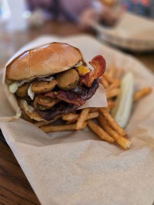 Fried jalapenos burger with bacon