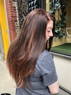 Shades of Reds + tape in extensions for dramatic effect on thin hair.