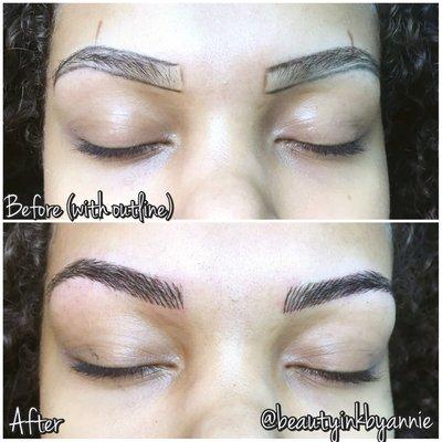 Before and after pictures of microblading. Top picture includes an example of outlining.