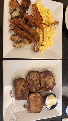 Eggs, bacon, home friends, banana bread french toast (without the whipped cream)