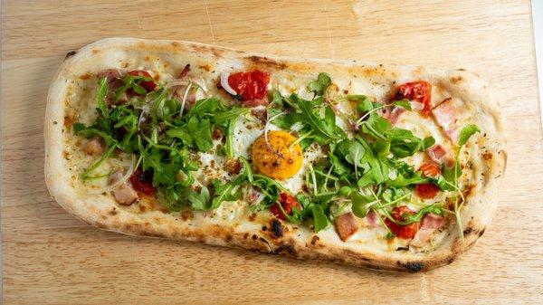 Bacon & Egg pizza. Thao farm cherry tomatoes & JCK farm peppers. Hungarian bacon, organic mozzarella, Labahn farm egg and org. microgreens