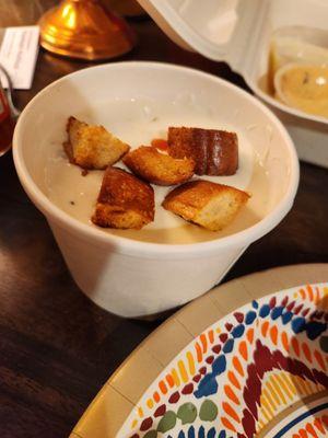 Clam chowder with homemade croutons.