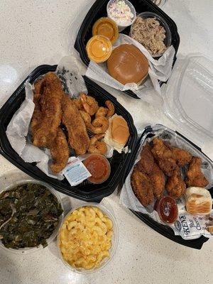 Fried SWAI Catfish Platter 1/2 lb with Shrimp, Wings, Mac n Cheese, Collard Greens, NC Pulled Pork 1/2 lb. Sandwich Platter