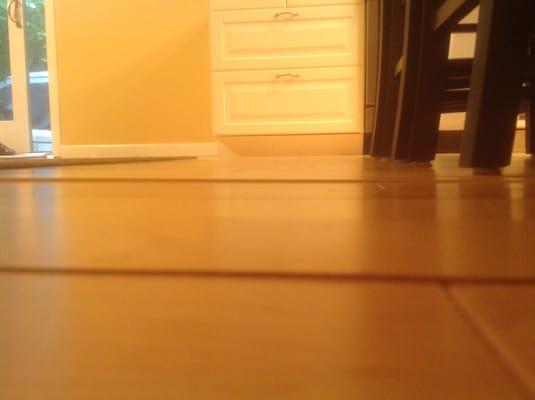 Floor view of uneven panels that came up 2-3 years after installation by Floor Designs