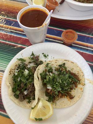 Carne asada Taco and Birria Taco with a consommé