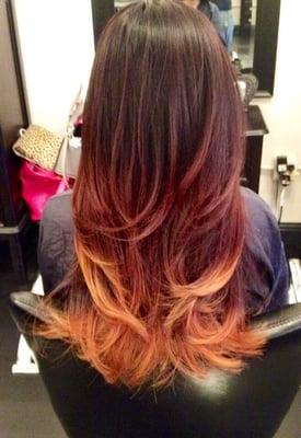 Striking Dark brown Red into Blonde Ombré