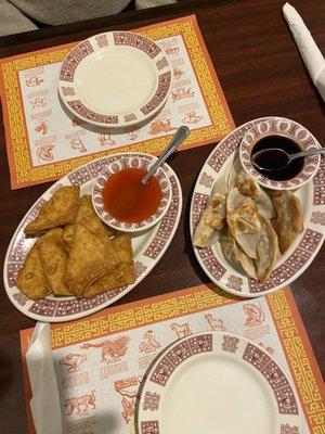 Potstickers and crab Rangoon
