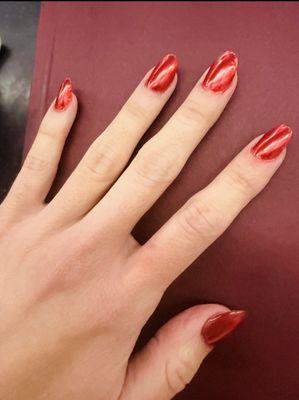 Chrome red nails. These are my real nails after visiting Julia for 3 months!! Healthy and pretty.