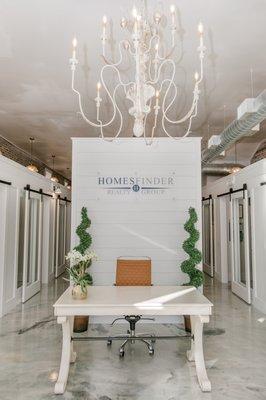 Inside office front of building.