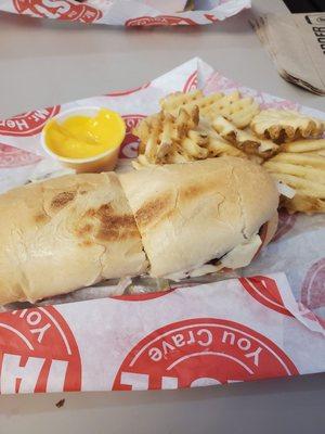 Roman burger fries and cheese sauce