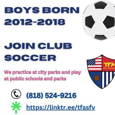 Soccer club plays at LAUSD schools. Affordable and an excellent choice for youth soccer: https://linktr.ee/tfasfv