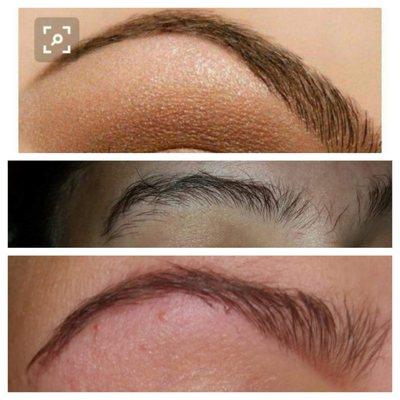 She came in with her brows untamed (middle pic) and she wanted them to look like the top pic....our result, the bottom picture! She loved it