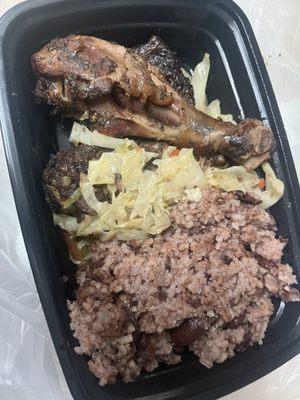 Jerk chicken, rice and peas, with steamed veggies