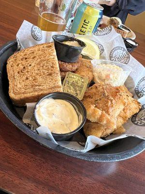 Fried Cod Fish Fry with Potato Pancakes and a Athletic NA Run Wild IPA