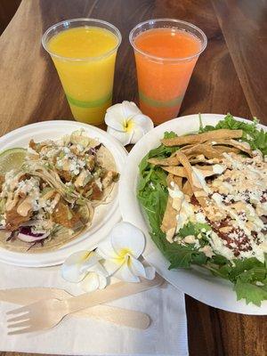 Beer battered tacos featuring fresh ahi!Kailani greens taco salad. Fresh organic house made strawberry lemonade and mango lime agua Fresca!