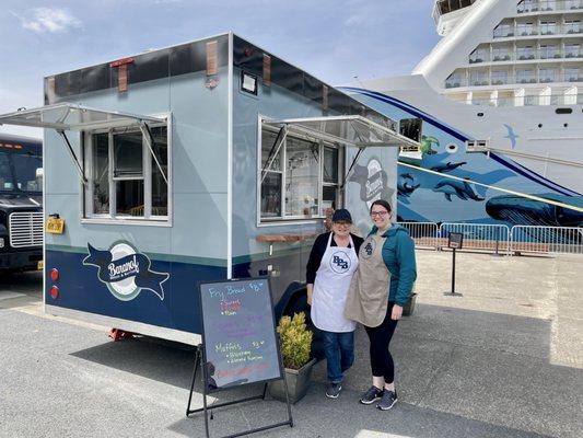 Bread and Batter trailer with the chefs, the cruise ship is in the background