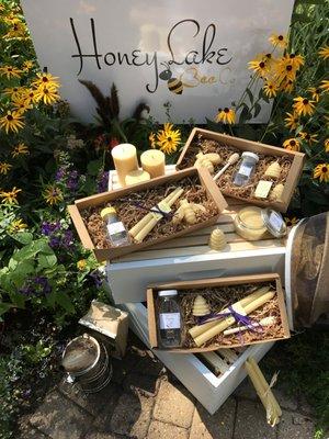 Handmade beeswax candles and local honey.
