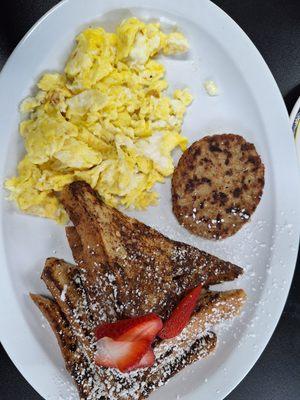 French toast, scrambled eggs, sausage