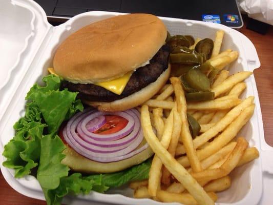 Cheeseburger and fries with a bit of jalapeños.