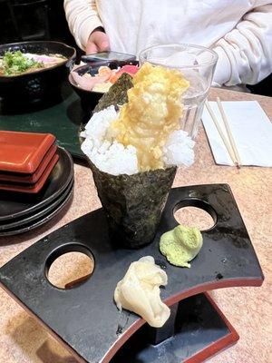 ...cursed shrimp tempura roll (Back: lunch special ramen + chirashi)