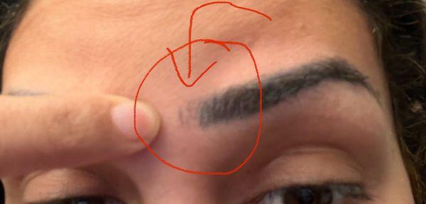 Random stroke lines that went too far in between eyebrows and were too short on top of that. Notice the color looks black.