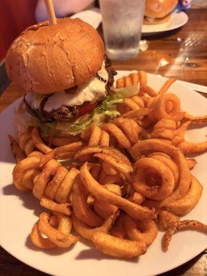 Blue burger -1/2 pound- and curly fries