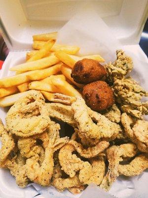 3pcs red snapper, 10 med. Shrimp, half jar oyster, fries and hushy puppies for only $16.99!