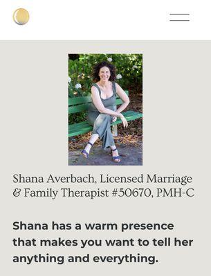 Photo of Shana Averbach, LMFT smiling on a park bench with words beneath describing her warm presence.