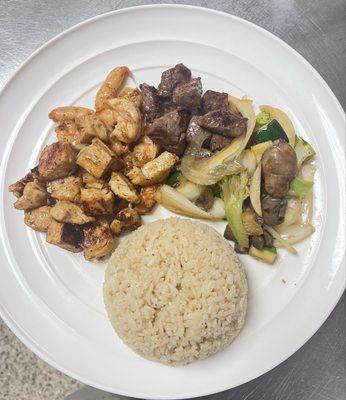 Chicken and steak hibachi with fried rice.