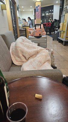 My wife sleeping in a hotel lobby for Eva messing up your flight. Best they could do to accommodate. 36 love seat. Im a lobby.