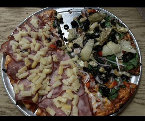 Canadian bacon and extra pineapple and a veggie with artichokes yum.